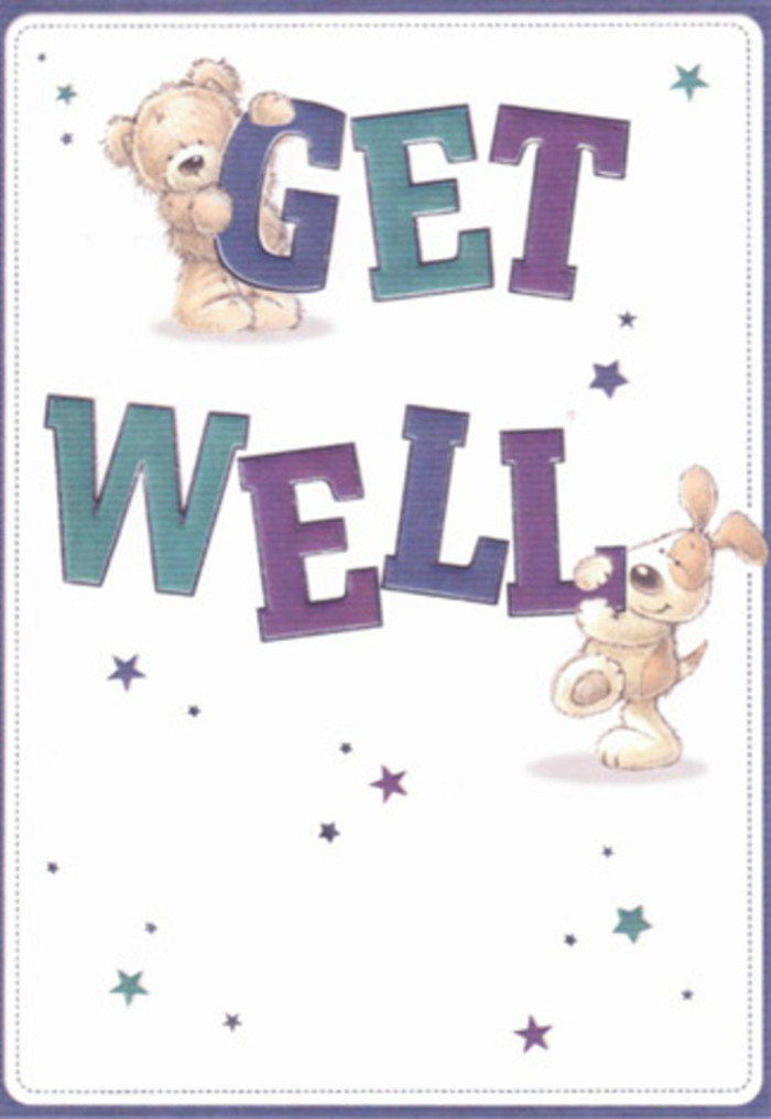 In this inviting get well card, local Cricklewood charm meets timeless imagination. Two delightful friends-a warmly drawn bear and a spirited puppy-are surrounded by floating stars that seem to cast gentle wishes across the design. The typography is large, rounded, and joyfully coloured in shades of purple and aqua, grounding the message with vibrant reassurance reminiscent of a tranquil sunrise over Gladstone Park. The bear's plush, textured fur and the puppy's floppy, velvety ears are illustrated so convincingly you can almost sense their comforting presence, just as one might feel the promise of fresh flowers from Florist Cricklewood. Every element here-from the soft starbursts to the bold, bouncing letters-creates a peaceful mood, perfect for sending genuine encouragement to someone in recovery, young or old. It's easy to envision this card accompanying a vibrant Cricklewood bouquet, both together radiating kindness, positivity, and that uniquely local sense of heartfelt support.