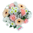 This hand-tied bouquet is a soft, pastel symphony captured against a clean white backdrop, each bloom carefully chosen and placed to evoke calm and uplift. At its heart sit several fully opened blush-pink roses, their velvety petals unfurling in classic spirals that read as gentle romance and quiet assurance. Around the roses the luminous faces of peach-and-cream Gerbera daisies offer a cheery contrast, their broad petals framing a deep, dark brown or near-black central disc that lends a touch of rustic grounding to the airy composition. Sprays of tiny white chrysanthemums and round, pom-pom-like white mums fill the mid-planes of the design, some topped with bright lime-green centres that flash like fresh new leaves and lift the palette with a springlike vibrancy. A soft veil of baby's breath (Gypsophila) threads through the bouquet, its cloud-like clusters creating a lacey halo that softens edges and gives the arrangement an ethereal, floating quality. Deep green foliage-likely eucalyptus and salal-peeks out beneath and between the flowers, adding depth, cool tone, and a verdant backbone to the composition. In the lower right a small rectangular white gift tag is tucked among stems, hand-lettered with the two-tone message Happy Flowers, the word Happy in vibrant green and Flowers in bright pink, adding a personal, joyful note. Under soft, natural lighting the textures - velvety, papery, feathery - are distinct and inviting, and the overall mood reads as thoughtful and versatile: a comforting birthday surprise, a tender anniversary gesture, a get-well pick-me-up, or a simple thank-you. This bouquet's balance of pastel warmth and fresh green highlights makes it ideal for anyone who appreciates subtle elegance and the skilled hand of a local florist delivering across Cricklewood and nearby streets.